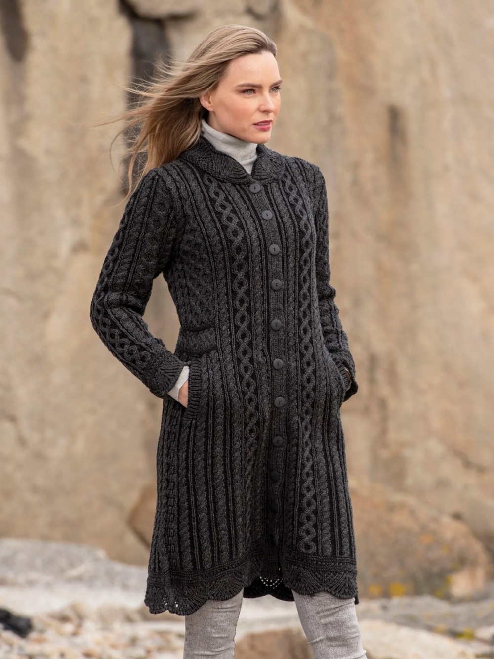 Aran Crafts Women’s XXL Charcoal Gray Merino Wool Long Scallop Lace Edge Coat 2X